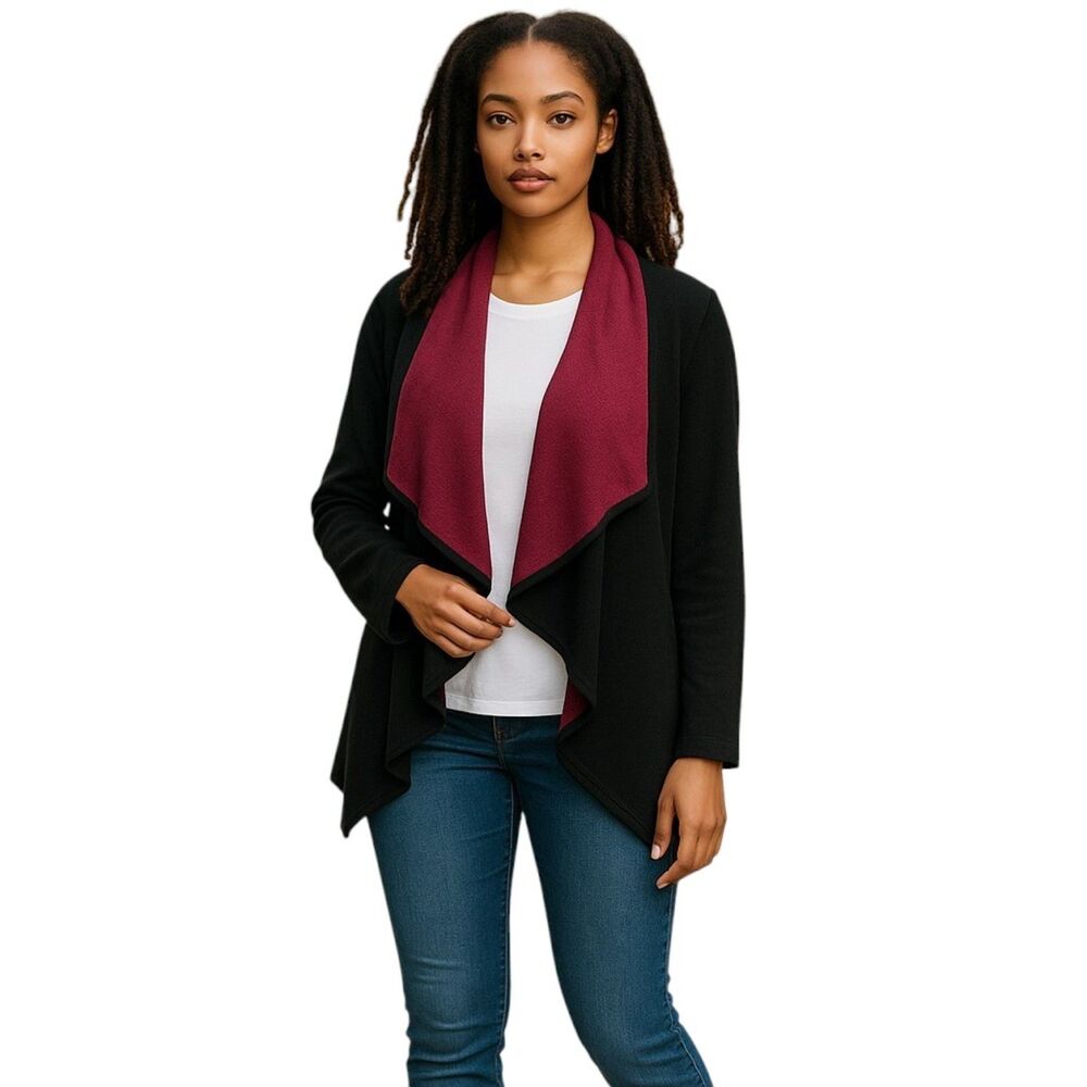 Talbots Black Red Cotton Cardigan Open Front Sweater Small